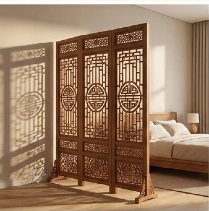 Bức bình phong bằng gỗ tự nhiên với họa tiết truyền thống được dùng để ngăn cách trong không gian phòng ngủ