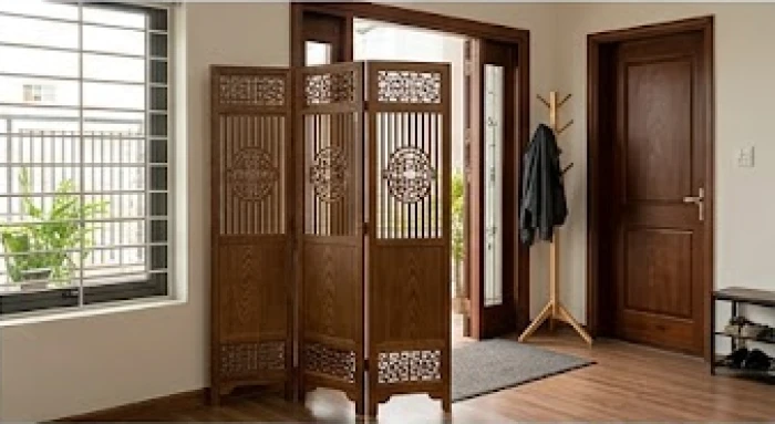 Bức bình phong bằng gỗ tự nhiên được đặt khéo léo phía sau cửa chính để tản luồng khí xấu