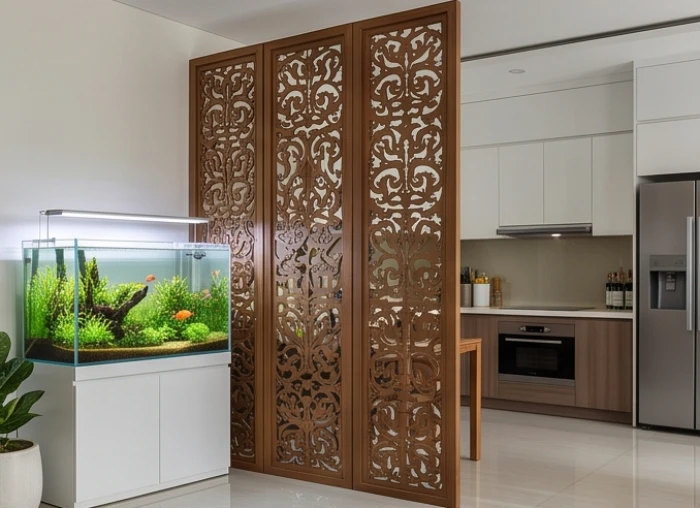 Vách ngăn bình phong bằng gỗ đặt giữa bể cá cảnh và khu bếp để hóa giải thế Thủy Hỏa tương xung