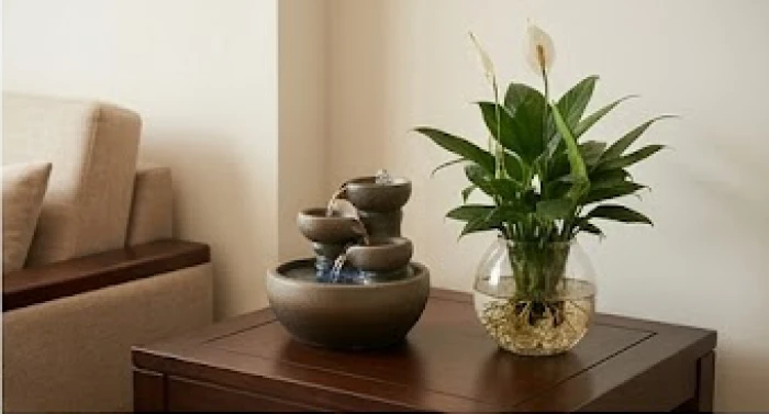 Bình phong thủy luân và chậu lan ý thủy sinh đặt tại góc Tây Bắc phòng khách giúp điều hòa khí trường