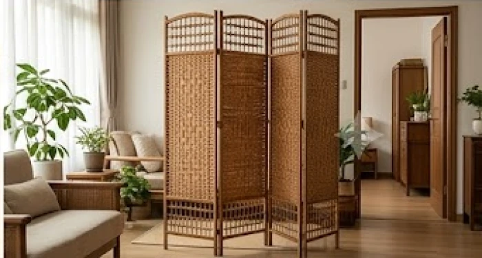 Bức bình phong bằng tre đan mộc mạc được dựng khéo léo để ngăn cách không gian giữa phòng khách và cửa chính của ngôi nhà