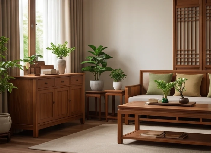 Không gian phòng sinh hoạt chung với nội thất gỗ tự nhiên giúp nuôi dưỡng hòa khí cho gia đình người tuổi Bính Thân