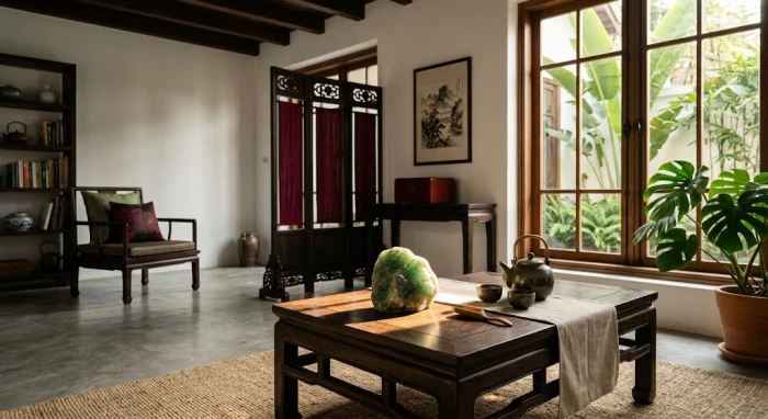 Không gian phòng khách phong thủy giải đáp bính thân 1956 mệnh gì với tông màu xanh lục và đỏ
