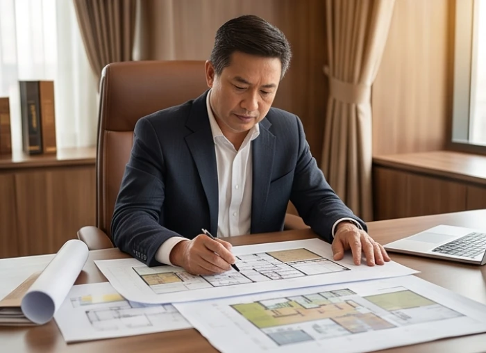 Nhà đầu tư Bính Thìn 1976 nghiên cứu bản đồ quy hoạch quỹ đất dài hạn cùng đối tác tại văn phòng kiến trúc
