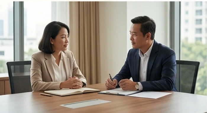 Hai đồng nghiệp bàn bạc trong không gian làm việc chuyên nghiệp để tháo gỡ bất đồng do xung khắc tuổi tác