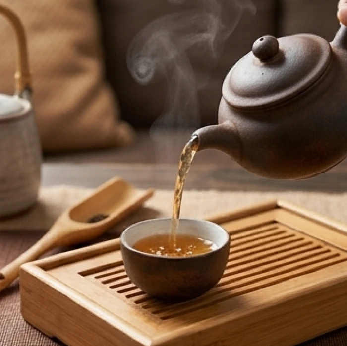 Bình trà gốm mộc mạc đang rót nước nóng nghi ngút khói xuống chén trà đặt trên khay gỗ tự nhiên