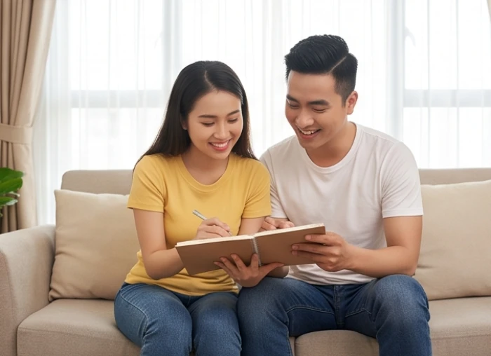 Cặp đôi trẻ sinh năm Bính Tuất rạng rỡ thảo luận mục tiêu hôn nhân và tài chính trong căn hộ ấm áp