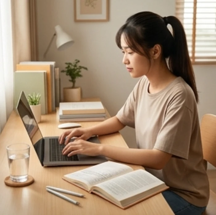 Sinh viên tuổi Bính Tuất say mê học tập kỹ năng mới bên máy tính trong không gian phòng trọ sáng sủa