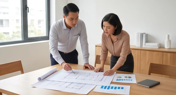 Hai doanh nhân đang cùng thảo luận kế hoạch kinh doanh trên bản đồ dự án tại văn phòng kiến trúc thiết kế hiện đại