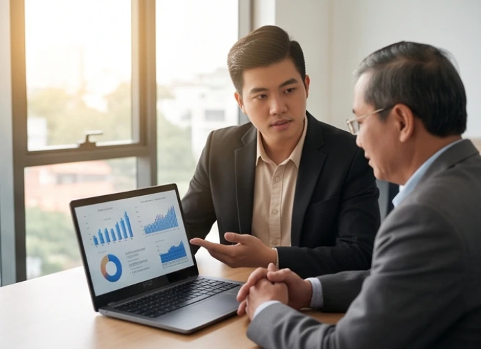 Nhà sáng lập trẻ làm việc trên máy tính cùng cố vấn kinh doanh dày dặn kinh nghiệm trong văn phòng công nghệ