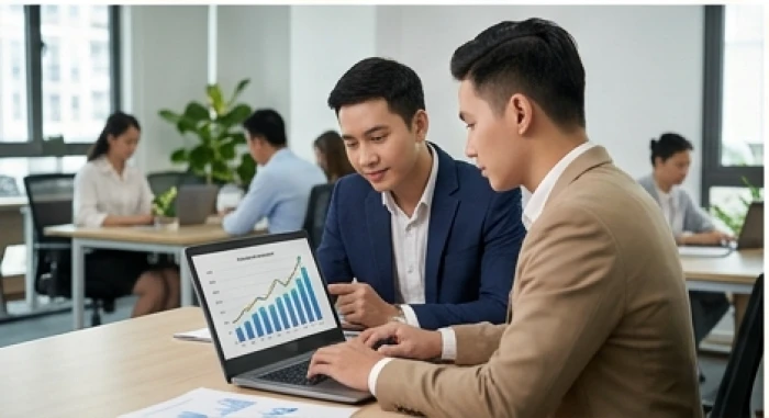 Hai đối tác trẻ đang phân tích biểu đồ tăng trưởng vốn thể hiện sự hợp tác giữa Bính Tý và Nhâm Thân