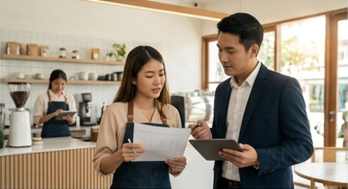 Chủ quán cà phê trẻ tuổi đàm phán kế hoạch vận hành dịch vụ đồ uống cùng cộng sự dày dặn kinh nghiệm