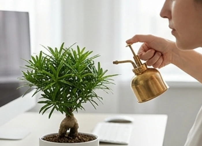 Nhân viên văn phòng dùng bình xịt nhỏ phun sương nhẹ nhàng lên tán lá của chậu cây Tùng Bồng Lai