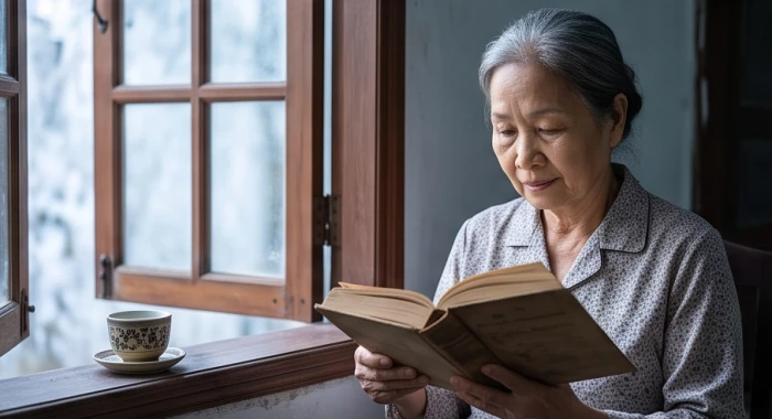 Không gian tĩnh lặng và thư thái khi người lớn tuổi đọc sách bên cửa sổ đón ánh sáng tự nhiên