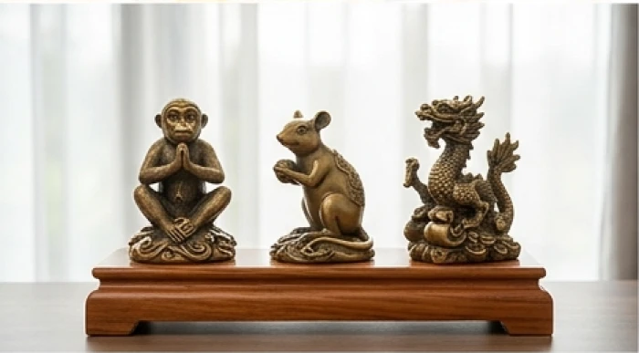 Bộ ba tượng linh vật tam hợp khỉ chuột và rồng kích thước cân đối bài trí hài hòa trên cùng một đế gỗ sang trọng