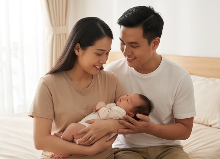 Khoảnh khắc hạnh phúc của cha mẹ khi êm đềm chăm sóc bé Quý Mão trong phòng ngủ ấm cúng
