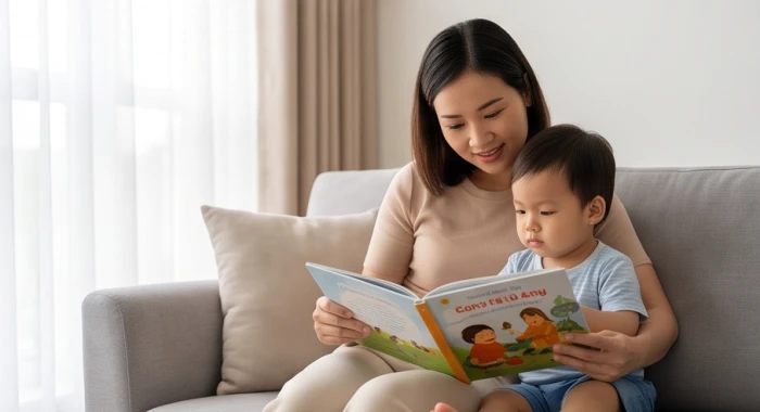 Người mẹ trẻ vui vẻ đọc sách cùng con nhỏ tuổi Tân Sửu 2021 trong phòng khách gia đình gọn gàng ấm cúng
