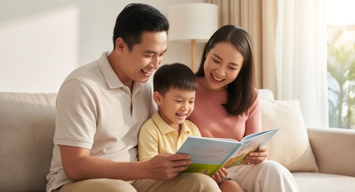 Bố mẹ và bé trai sinh năm Canh Tý 2020 vui vẻ đọc sách trong không gian sinh hoạt chung ấm cúng
