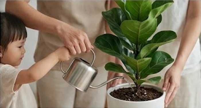Gia đình nhỏ cùng nhau chăm sóc chậu cây xanh trong nhà thể hiện sự gắn kết và nuôi dưỡng sinh khí