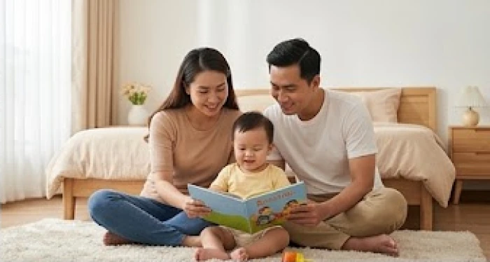 Bố mẹ mệnh Thủy âu yếm chăm sóc bé trai sinh năm Nhâm Dần trong không gian phòng khách tràn ngập niềm vui