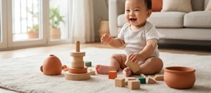 Em bé đang chơi đùa vui vẻ bên cạnh đồ chơi bằng gỗ và đất nung trong không gian gia đình ấm áp