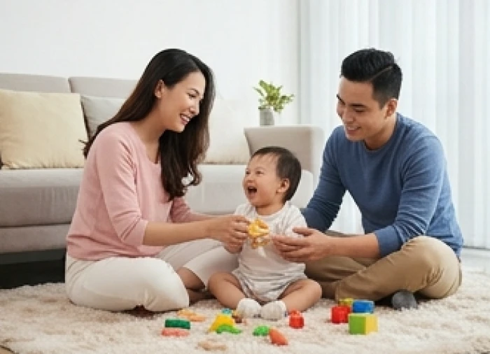 Gia đình bố mẹ tuổi Mậu Thìn hạnh phúc vui đùa cùng con nhỏ trong phòng khách ngập tràn ánh sáng
