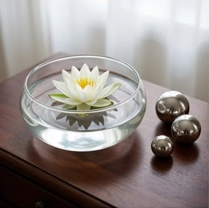 Bát nước thủy tinh và quả cầu kim loại sáng bóng tượng trưng cho kim sinh thủy trên bàn làm việc