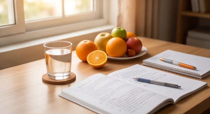 Ly nước ấm và hoa quả tươi giàu vitamin c bên góc học tập gọn gàng tăng cường sức khỏe cho mùa thi
