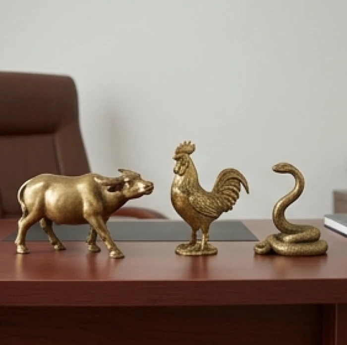 Bộ ba tượng linh vật tam hợp gồm rắn trâu và gà được chế tác tinh xảo trên bàn làm việc gỗ hương