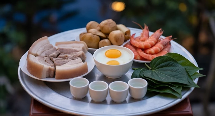 Mâm lễ cúng giải hạn ngoài trời bao gồm bộ tam sên, trầu cau và nhang đèn chuẩn bị tươm tất