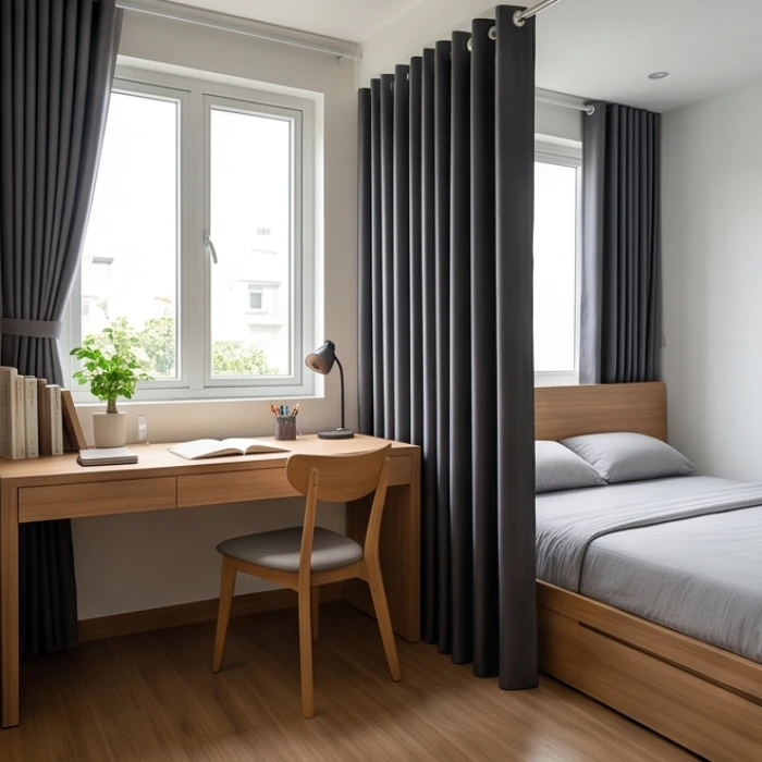 Bàn học gỗ được sắp xếp cách xa giường ngủ và có rèm ngăn cách để giữ sự tập trung cao độ