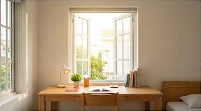 Bàn học gỗ hướng ra cửa sổ thoáng đãng đón ánh sáng tự nhiên và tránh xà ngang phía trên đỉnh đầu