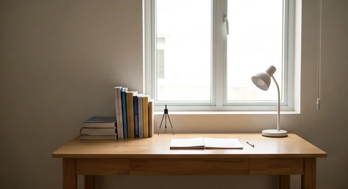 Bàn học bằng gỗ đặt tựa lưng vào tường và xoay ra hướng Tây Bắc ngập tràn ánh sáng tự nhiên