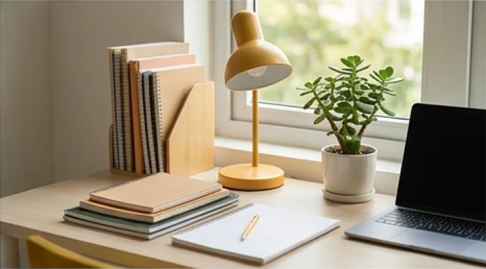 Bàn học sắp xếp gọn gàng với đèn ánh sáng vàng và chậu cây xanh hợp phong thủy tuổi giáp ngọ 2014