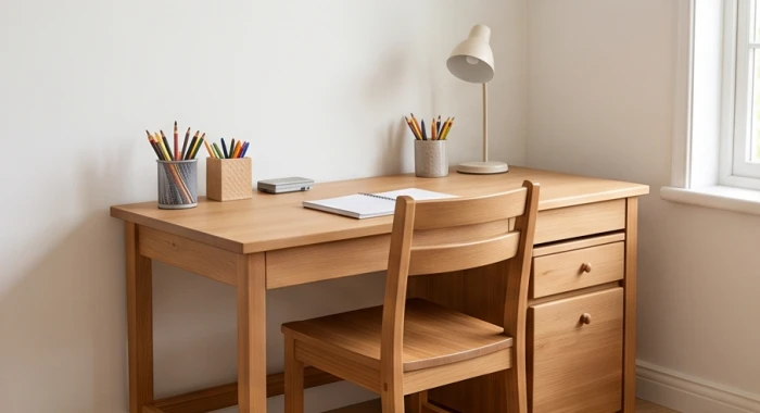Góc học tập với chiếc bàn gỗ nhỏ được sắp xếp ngăn nắp có khoảng trống thoáng đãng phía trước