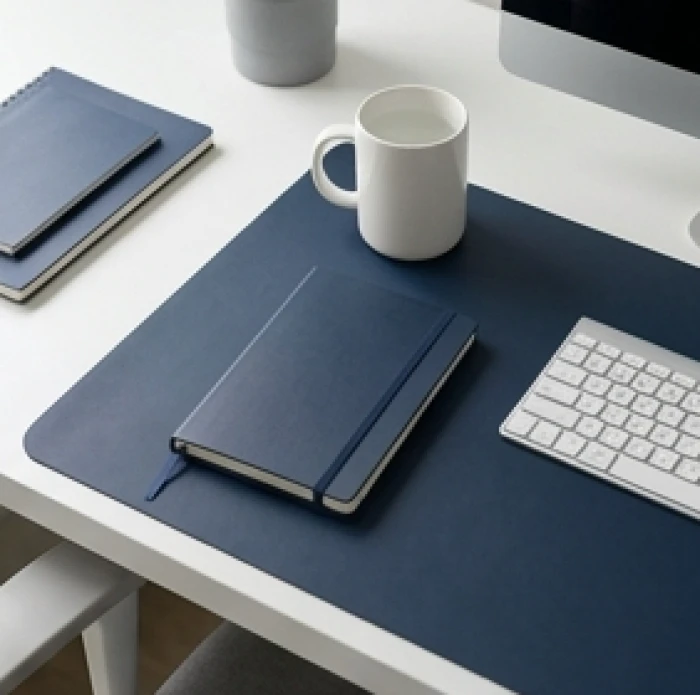 Góc bàn làm việc gọn gàng bố trí lót chuột màu xanh navy và cốc nước sứ trắng giúp giảm căng thẳng cho tuổi Bính Tý
