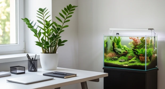 Góc làm việc gọn gàng được bố trí chậu cây kim tiền xanh tốt và bể cá thủy sinh nhỏ