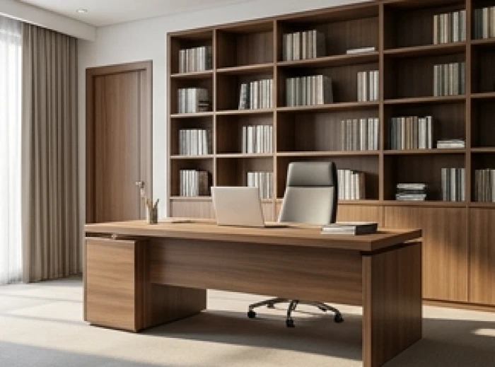 Bàn làm việc vững chãi tựa lưng vào hệ tủ hồ sơ giúp tăng cảm giác an tâm