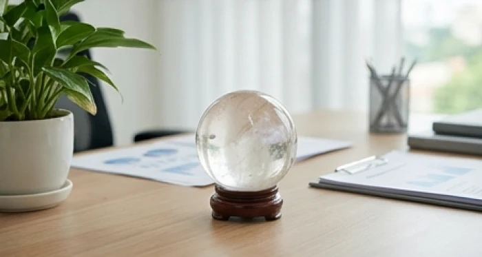 Quả cầu thạch anh tự nhiên đặt trên bàn làm việc giúp điều hòa năng lượng phong thủy nơi công sở