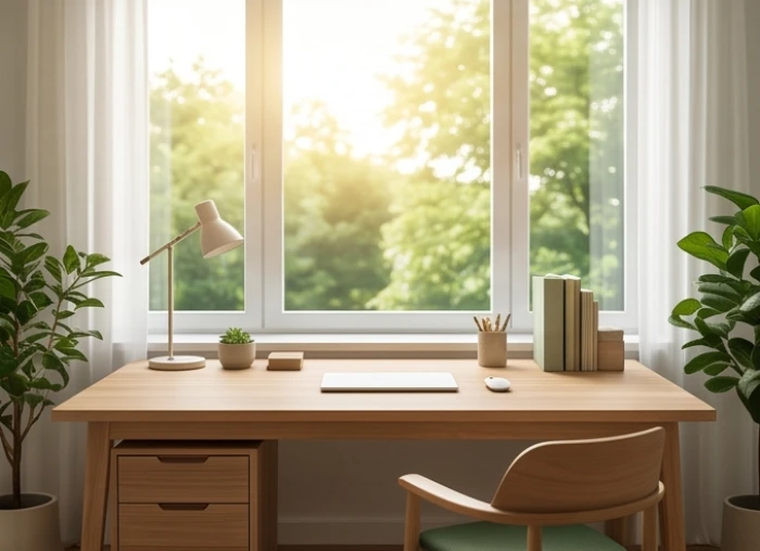 Bàn làm việc bằng gỗ tự nhiên được sắp xếp ngăn nắp và hướng thẳng ra ô cửa sổ ngập tràn nắng