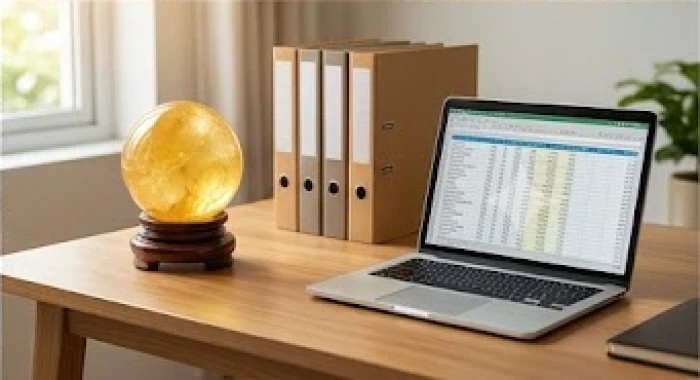 Bàn làm việc được sắp xếp khoa học với quả cầu đá thạch anh đặt ở góc trái để tụ khí tài lộc
