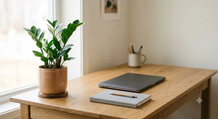 Chậu cây kim tiền nhỏ đặt góc trái bàn làm việc giúp tăng cường sinh khí trong năm hạn lục hại