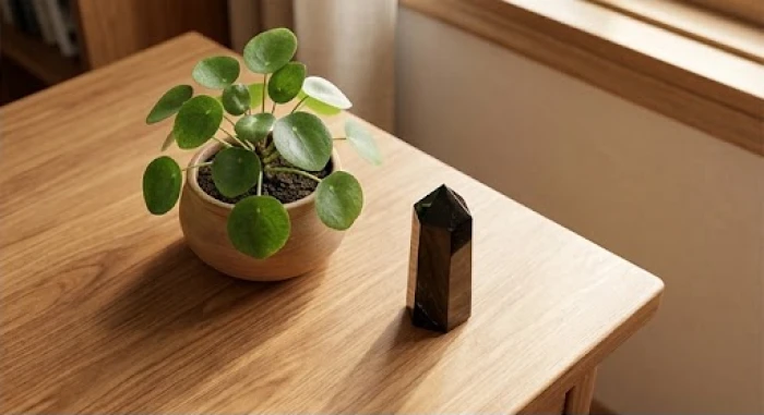 Chậu cây lá tròn và trụ thạch anh đen đặt tại mép phía Nam bàn làm việc ngăn nắp của gia chủ tuổi Ngọ