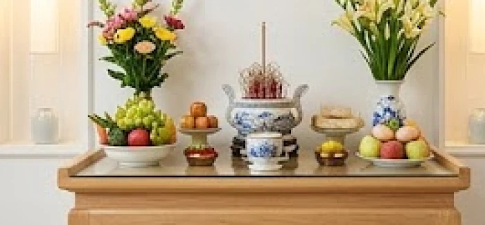 Không gian bàn thờ gia tiên được bài trí trang nghiêm và sạch sẽ theo đúng hướng phong thủy tương sinh