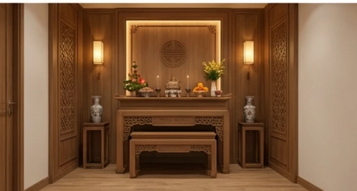 Gian thờ trang nghiêm bằng gỗ tự nhiên có khoảng trống phía trước thông thoáng để tụ khí và giữ vượng khí