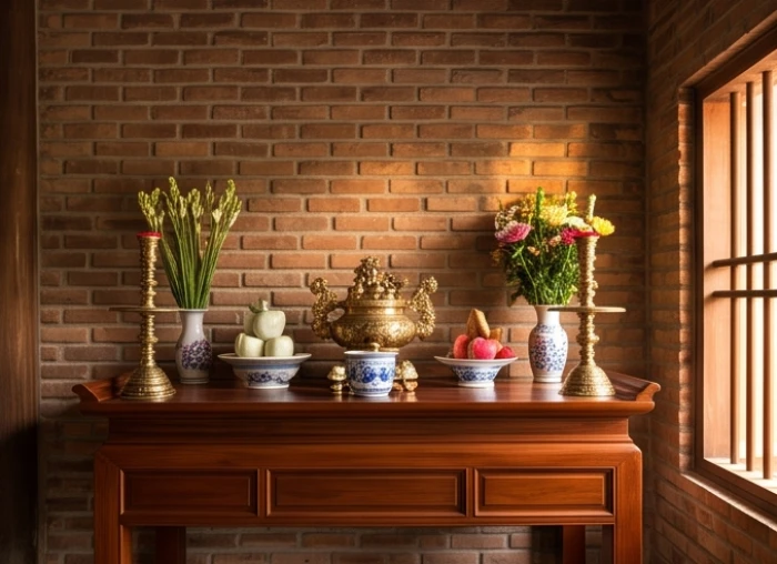 Không gian phòng thờ trang nghiêm với lưng bàn thờ tựa tường vững chắc và hướng nhìn về phương cát tường