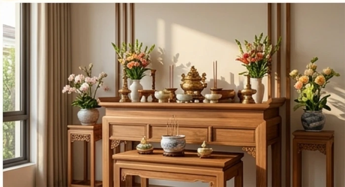 Không gian thờ cúng trang nghiêm với bàn thờ gỗ tự nhiên đặt ở vị trí cao ráo và hướng ra cung lành trong nhà phố