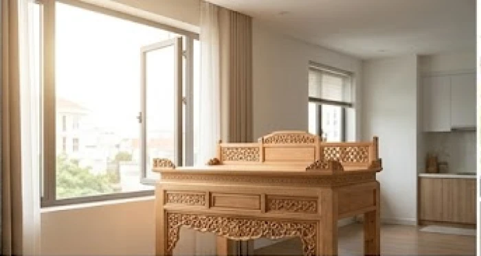 Không gian thờ cúng linh thiêng với mặt bàn thờ hướng ra cửa lớn đón nhận ánh sáng và năng lượng tích cực