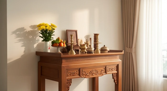 Bàn thờ gỗ trang nghiêm đặt hướng Nam trong phòng khách sáng sủa và tách biệt hoàn toàn với cửa phòng ngủ