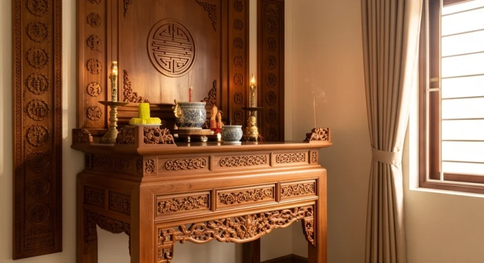 Bàn thờ gia tiên bằng gỗ tự nhiên được đặt trang trọng tại góc phòng khách tĩnh lặng